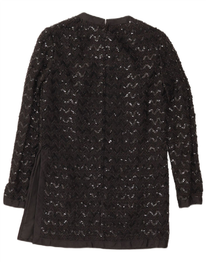 Top tunica con paillettes a maniche lunghe da donna vintage UK 10 piccolo Chevron nero