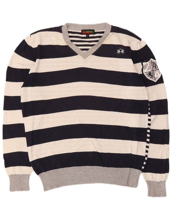Maglione da donna con scollo a V grafico La Martina UK 16 grandi righe bianche