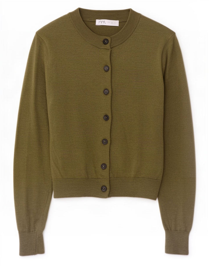 Maglione cardigan corto da donna Zara UK 10 piccolo kaki poliammide