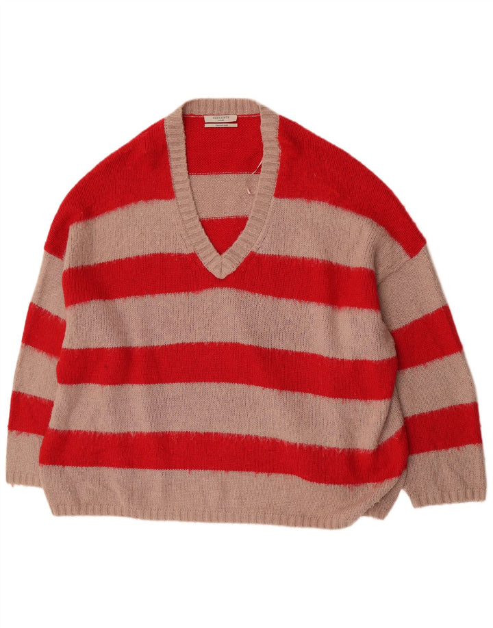 Maglione da uomo oversize con scollo a V di All Saints, acrilico a strisce rosse grandi