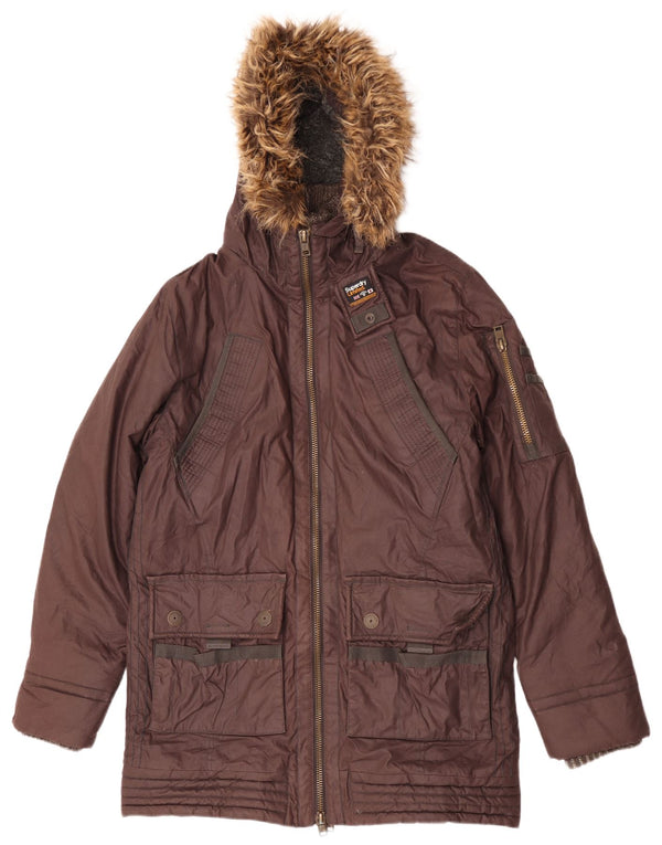 Giacca parka da uomo con vestibilità regolare con cappuccio Superdry 2XL in cotone marrone