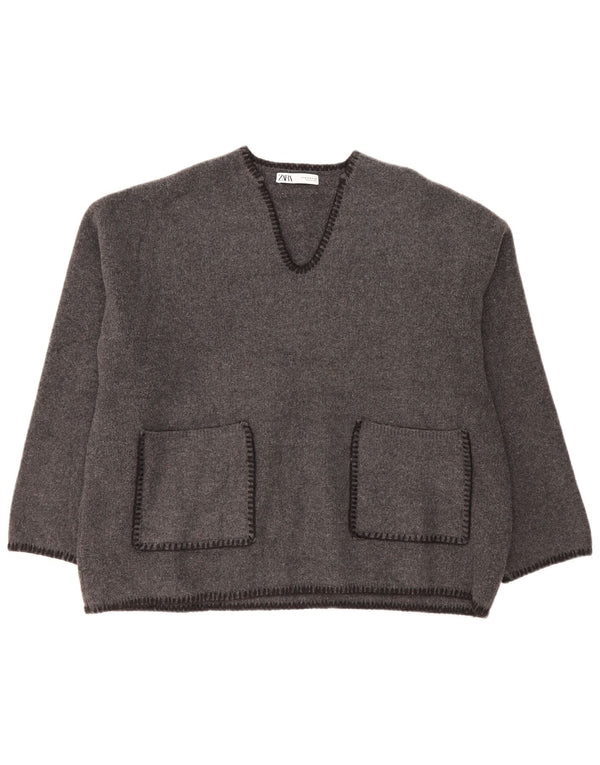 Maglione oversize con scollo a V da donna Zara UK 14 Poliestere grigio medio