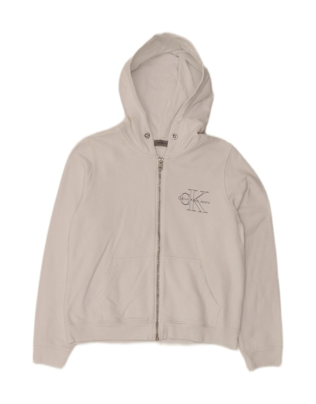 CALVIN KLEIN JEANS Felpa con cappuccio e zip grafica da donna UK 10 Small Bianca