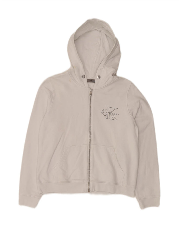 CALVIN KLEIN JEANS Felpa con cappuccio e zip grafica da donna UK 10 Small Bianca
