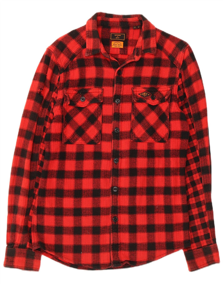Camicia da uomo slim fit in flanella da boscaiolo Superdry, cotone a quadretti rosso medio