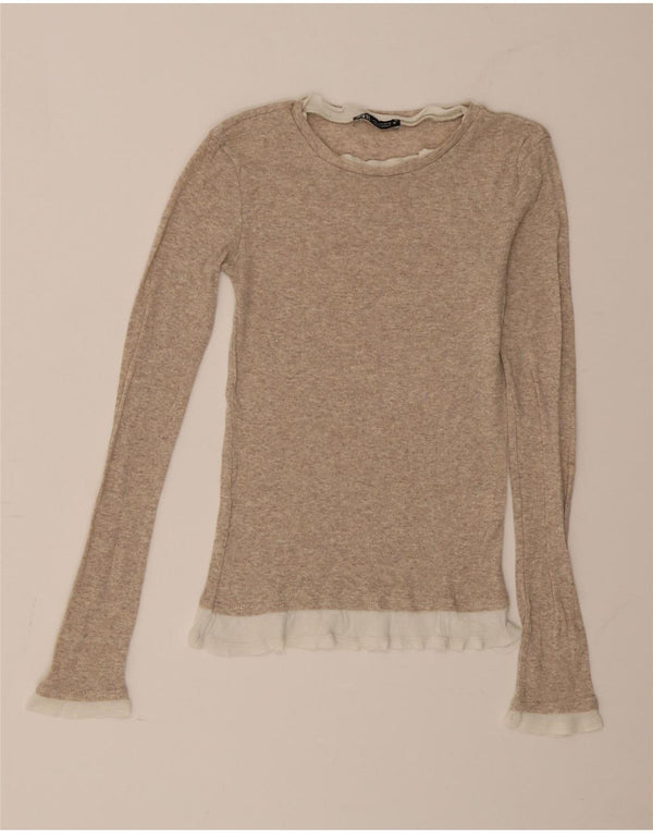 Top Zara da donna a maniche lunghe UK 8 Small Beige Colourblock Cotton