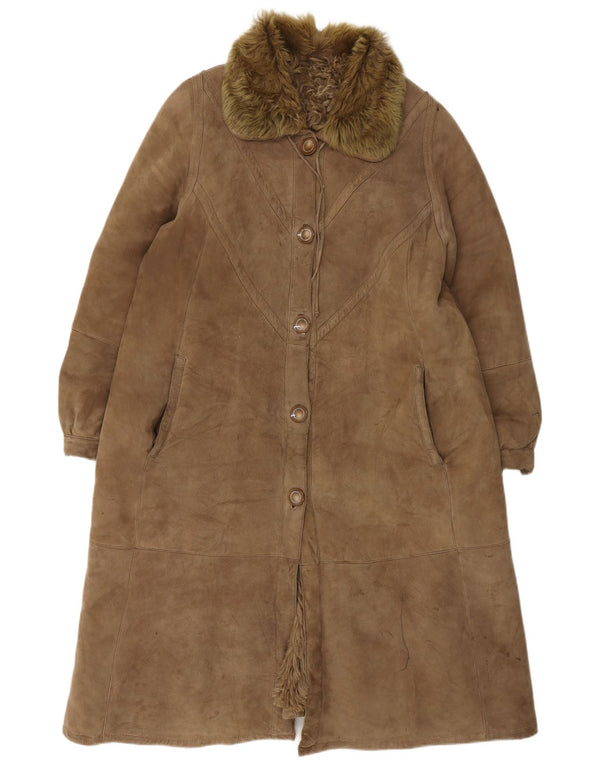 Cappotto in shearling oversize da donna vintage UK 10 piccolo marrone