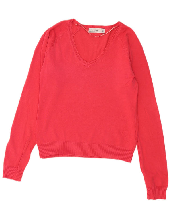 Maglione corto con scollo a V da donna Zara UK 12 cotone rosso medio