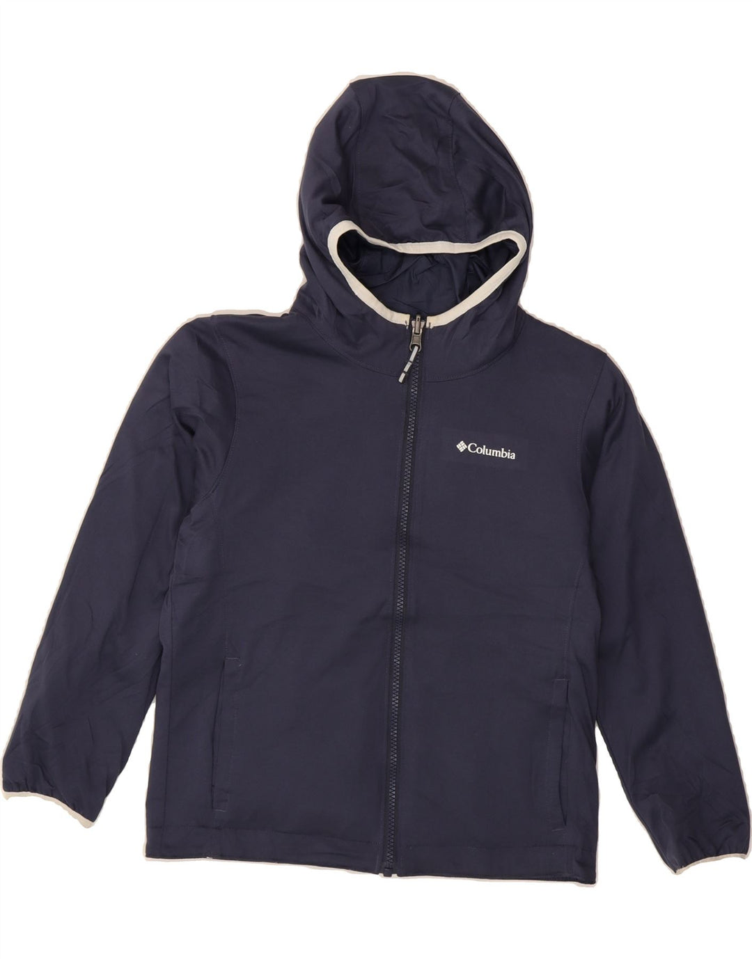COLUMBIA Girls Hooded Reversible Jacket 7-8 Years Small Navy Blue Vintage Columbia and Second-Hand Columbia from Messina Hembry 