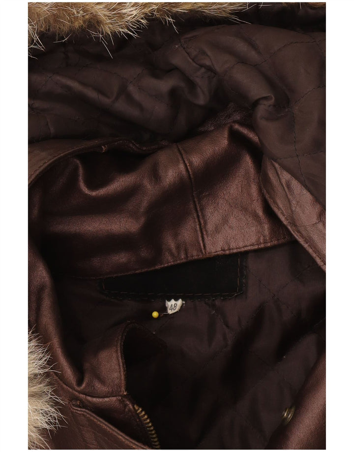 Giacca in pelle oversize con cappuccio da donna vintage IT 48 XL Marrone
