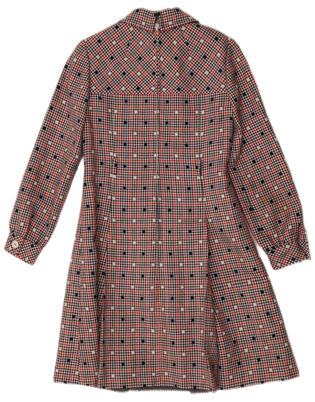 Abito a trapezio a maniche lunghe da donna vintage UK 10 piccoli quadri multicolori