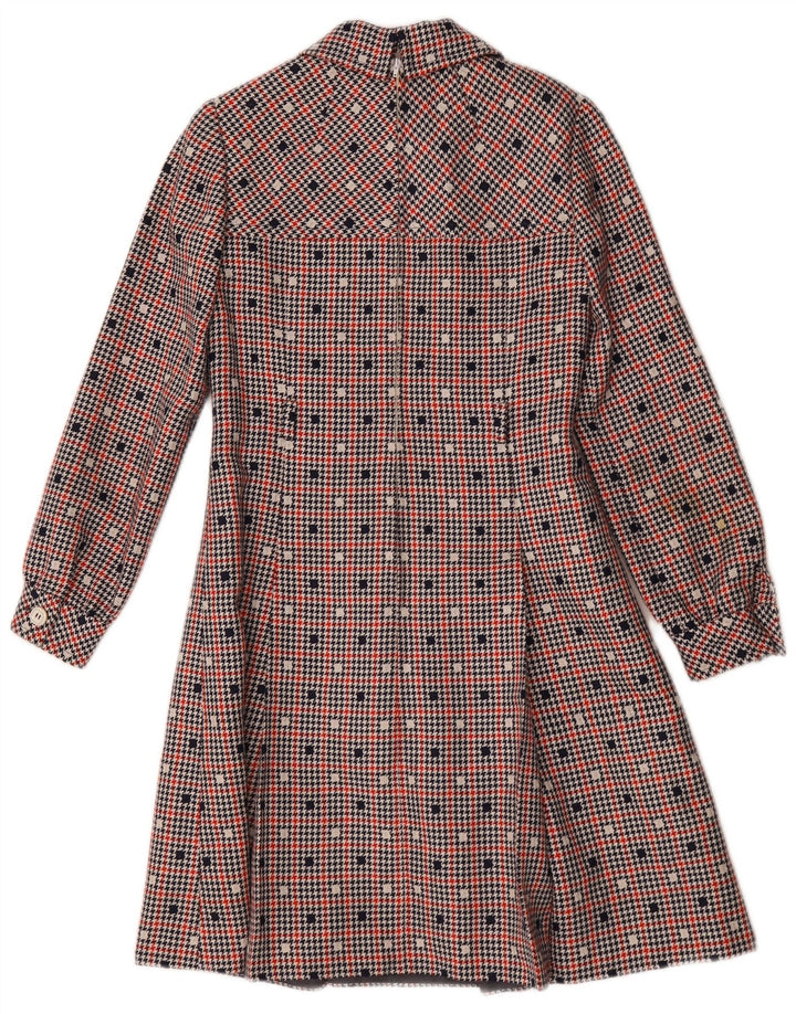 Abito a trapezio a maniche lunghe da donna vintage UK 10 piccoli quadri multicolori