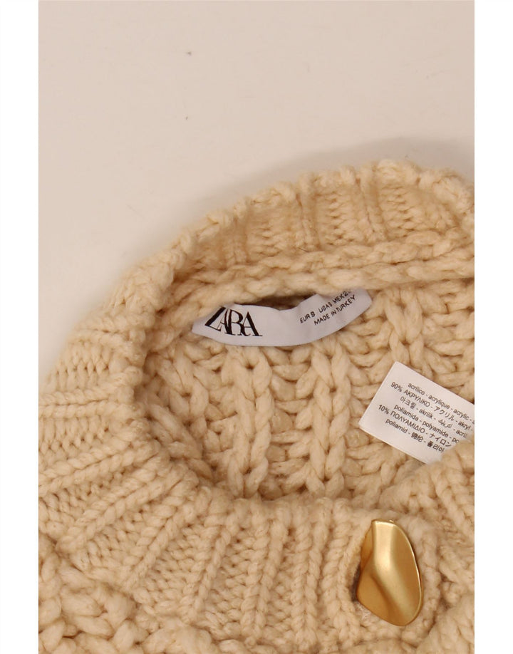 ZARA Womens Crop Oversized Cardigan Sweater UK 10 Small Beige Acrylic