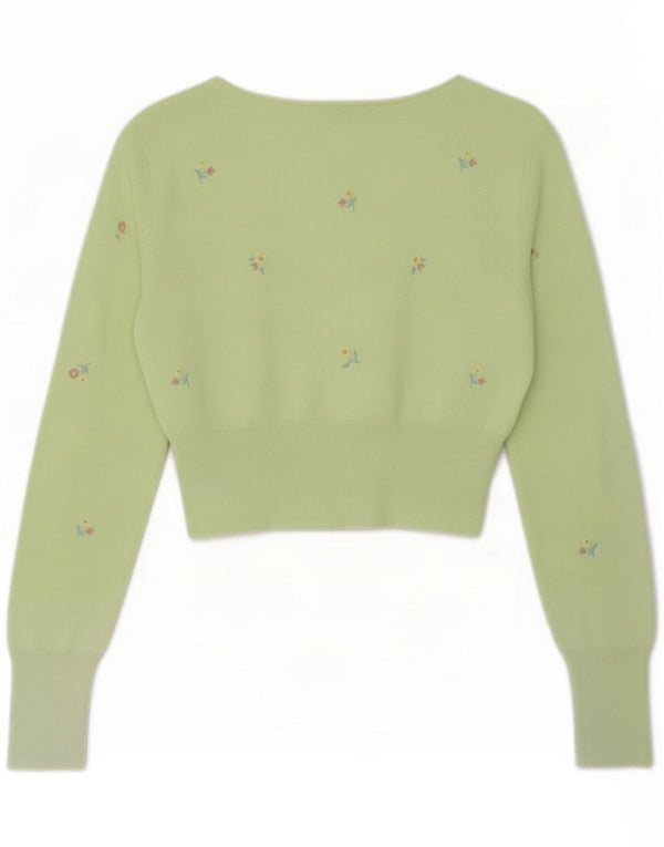 Zara maglione cardigan corto da donna UK 8 piccolo in viscosa floreale verde