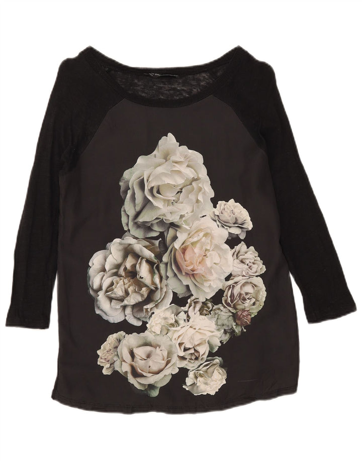 Top grafico da donna Zara manica 3/4 UK 12 medio nero floreale