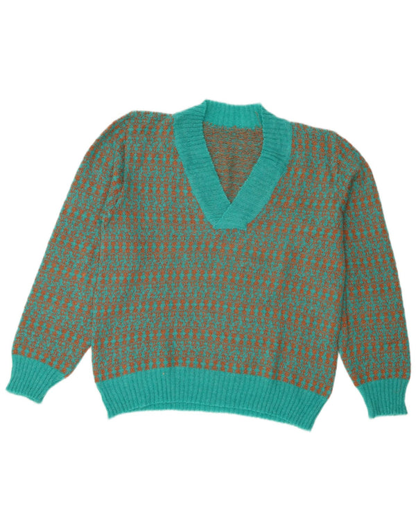 Maglione vintage da donna con scollo a V UK 16 a righe grandi blu