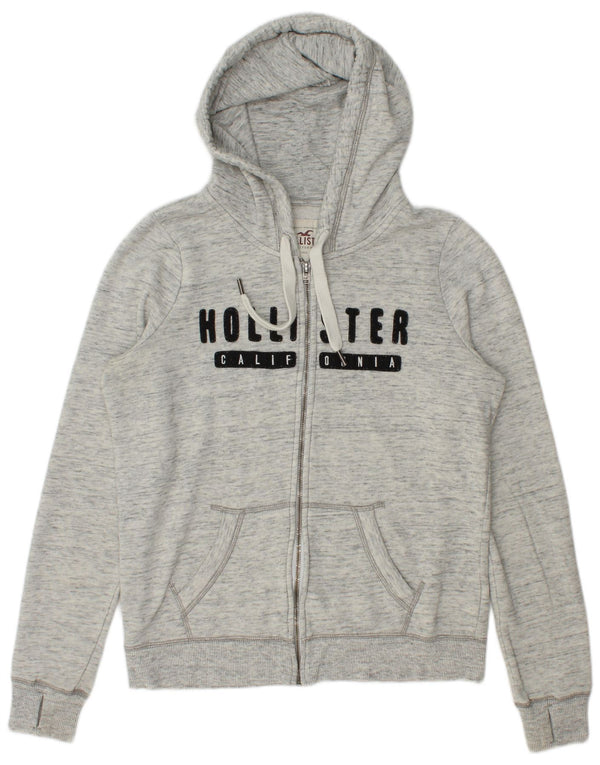 Felpa con cappuccio e zip grafica Hollister da donna UK 16 Large Grey Flecked Cotton