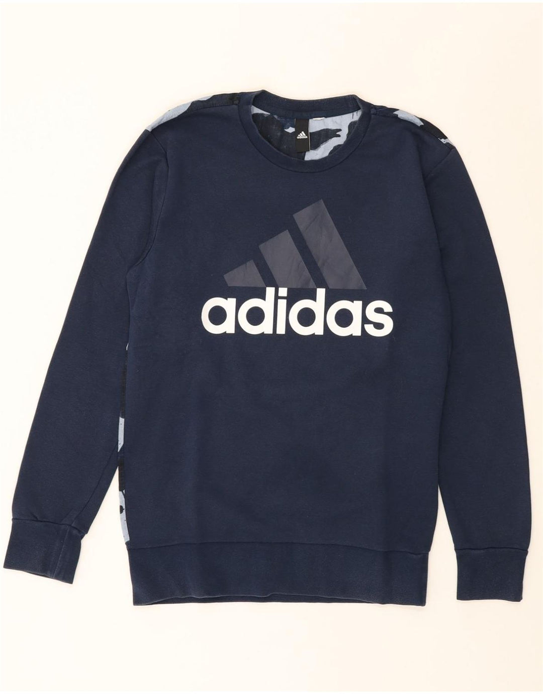 ADIDAS Mens Graphic Sweatshirt Jumper Small Navy Blue Camouflage Vintage Adidas and Second-Hand Adidas from Messina Hembry 