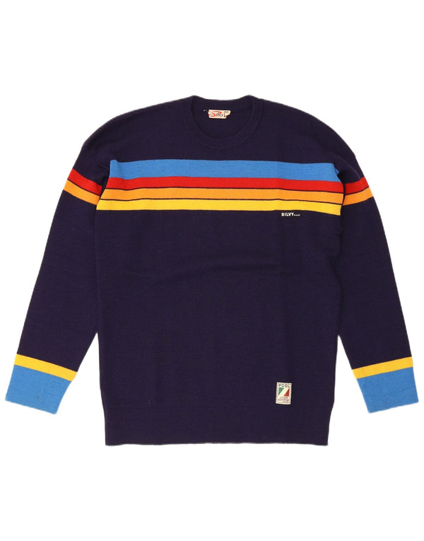 Maglione maglione girocollo da uomo Silvy IT 52 Lana nuova a righe grandi blu navy
