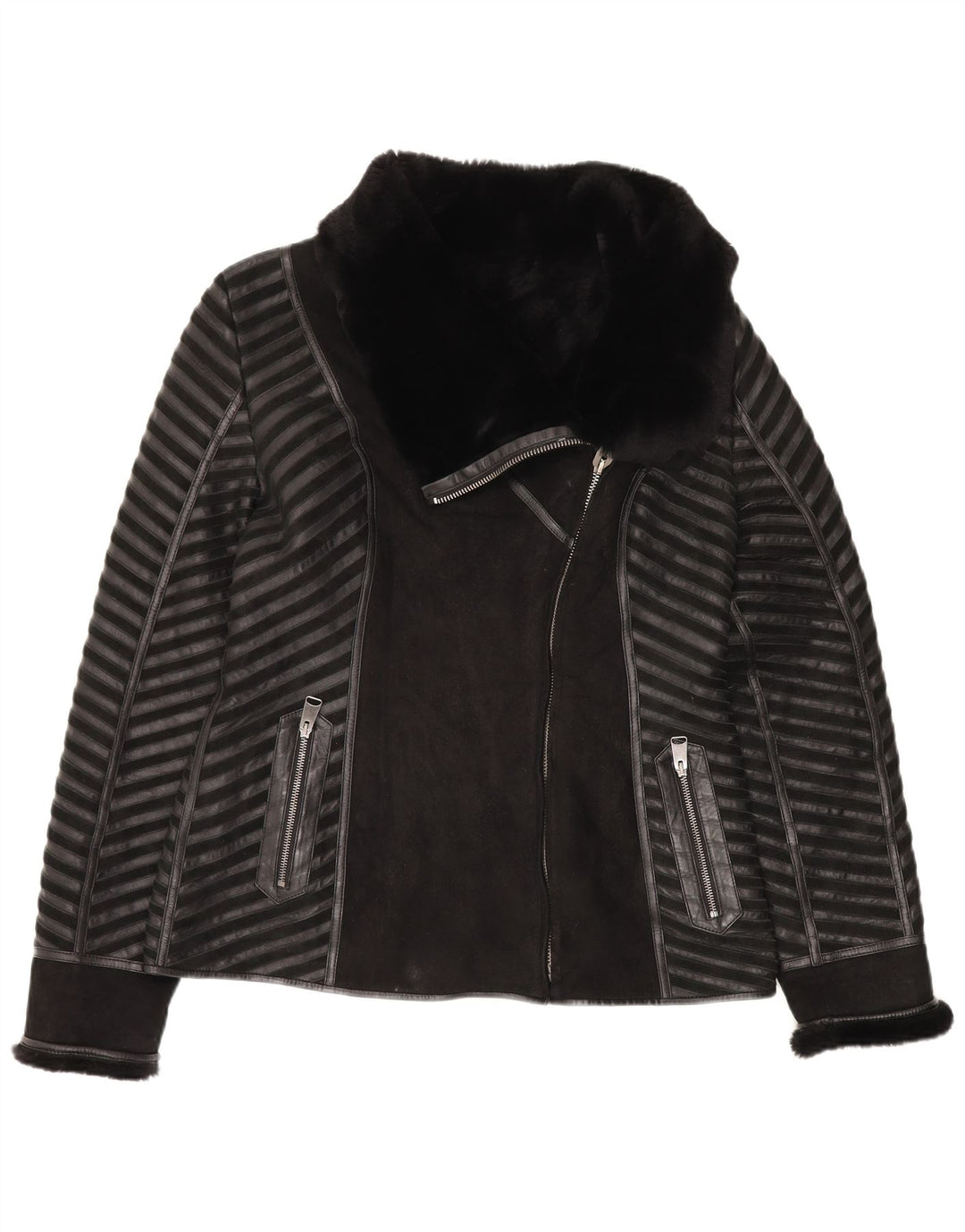 Giacca in shearling vintage da donna UK 18 XL in pelle a righe nere