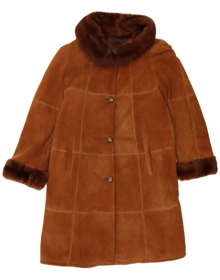 Cappotto in shearling vintage da donna IT 46 grande in pelle marrone