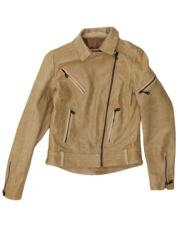 Giacca da motociclista in pelle vintage da donna UK 4 XS Beige