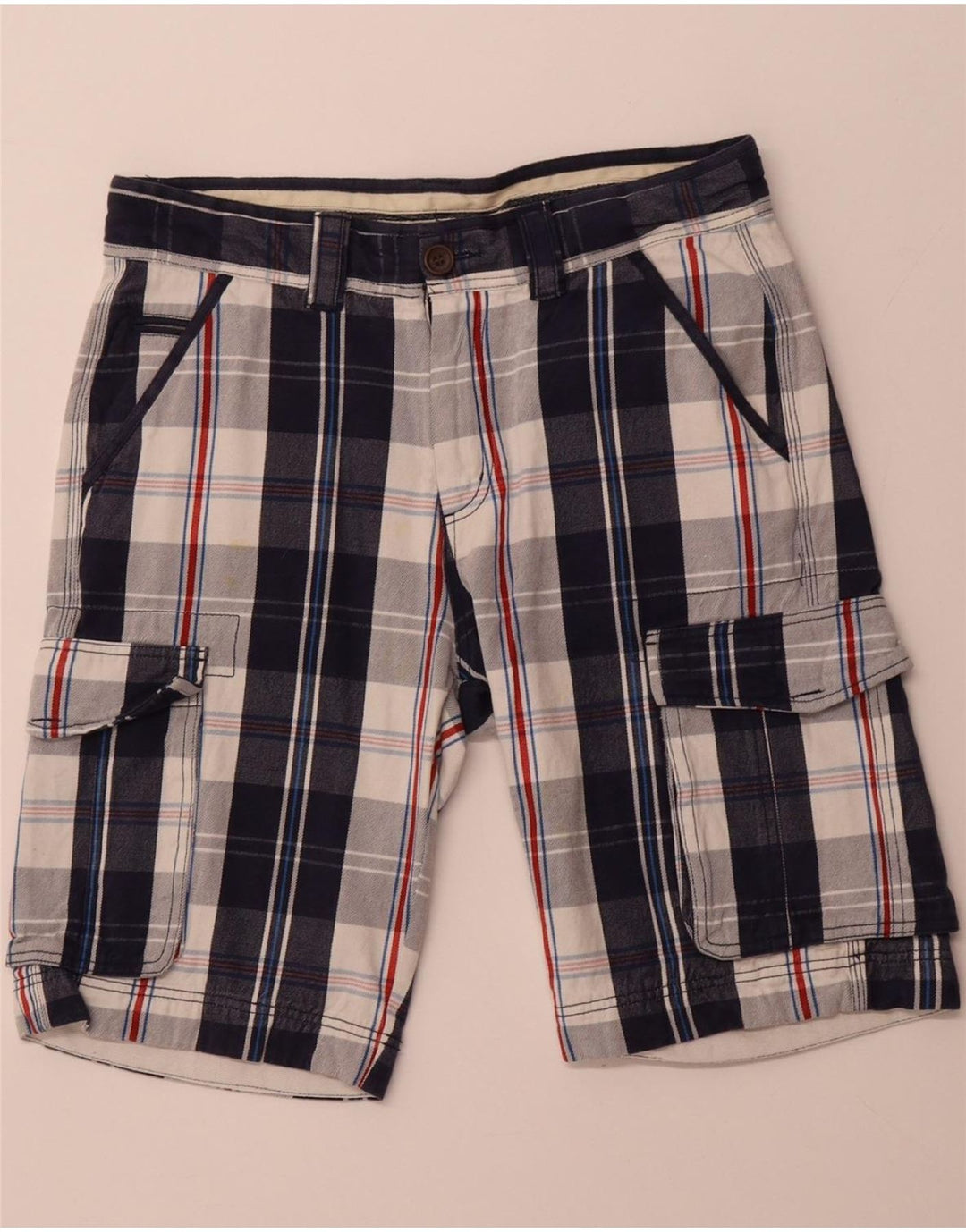 CREW CLOTHING Pantaloncini cargo da uomo medi W32 in cotone a quadri blu navy