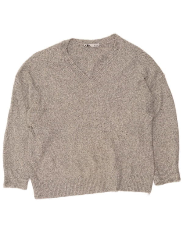Maglione Zara da donna con scollo a V UK 16 Grande acrilico chiazzato grigio