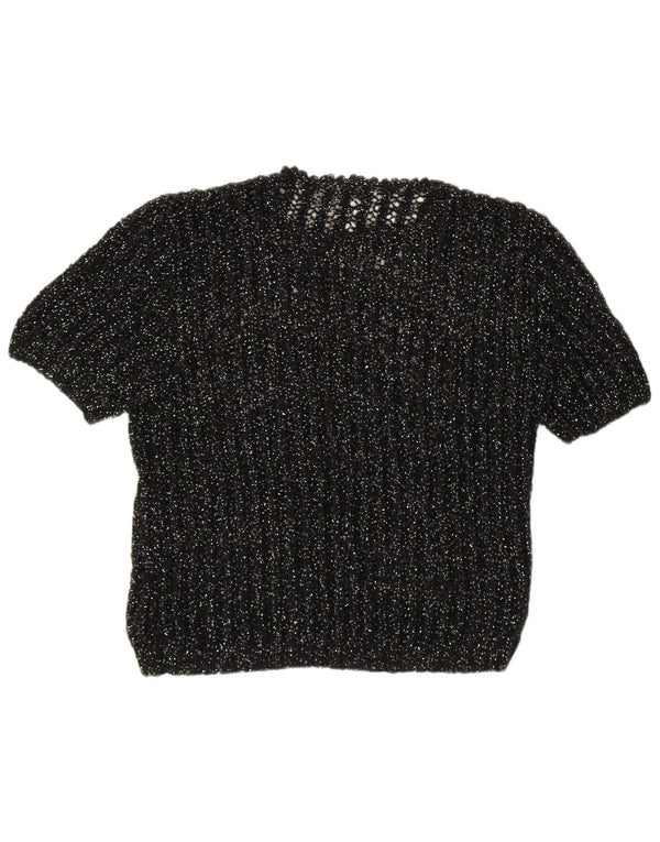 Maglione maglione girocollo a maniche corte da donna vintage UK 12 medio nero