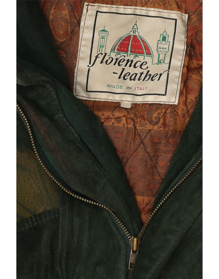 Bomber vintage da uomo in pelle scamosciata con motivo astratto IT 50 grande in pelle verde