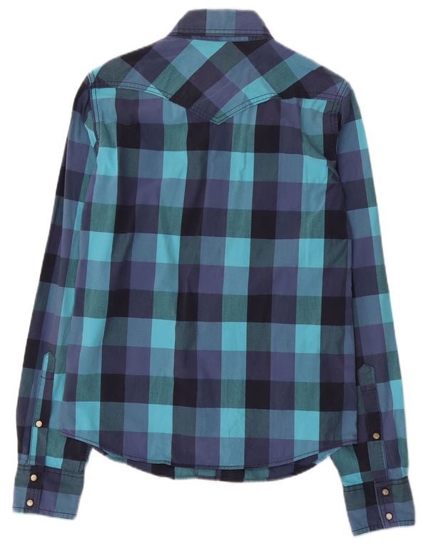 Camicia Western Hollister da uomo piccola in cotone a quadretti blu