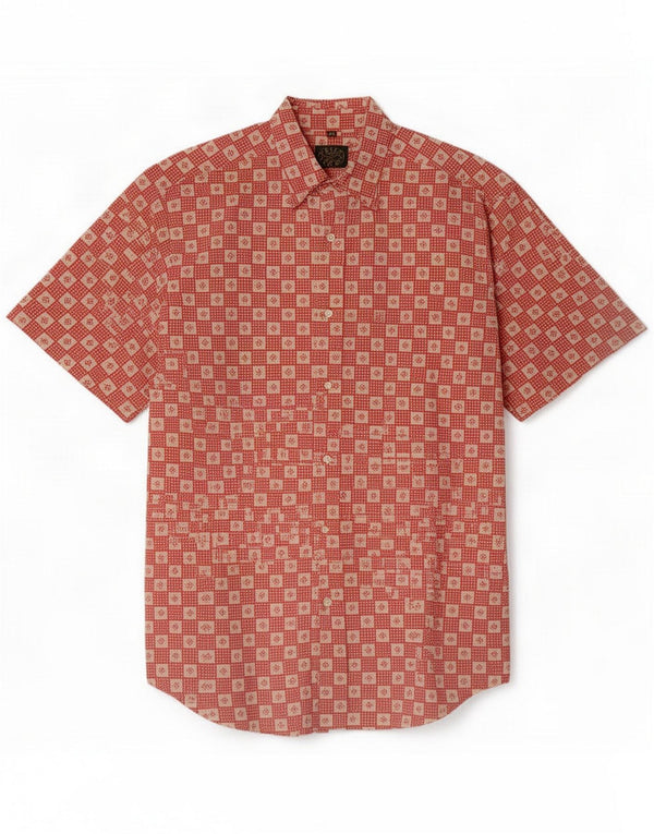 Camicia a maniche corte da uomo Green Leaves Cotone geometrico rosso medio