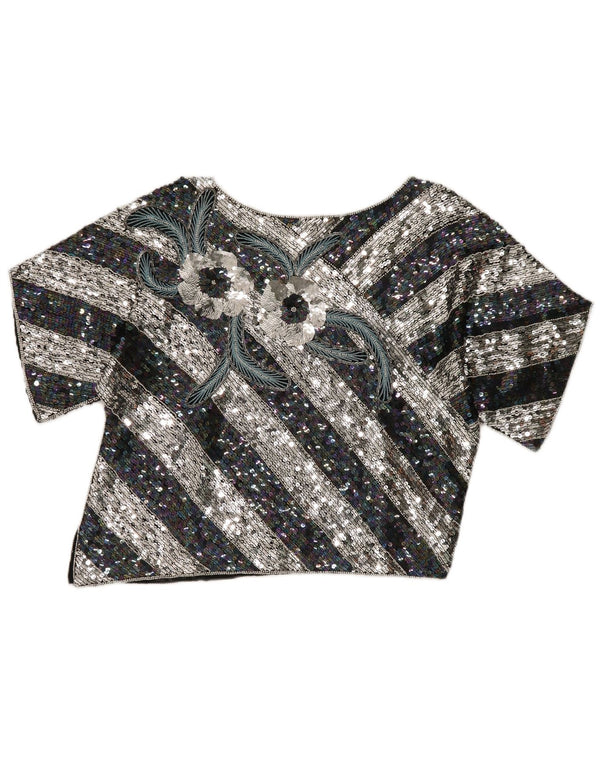 Camicetta grafica corta da donna vintage Top EU 40 Seta a righe nere medie