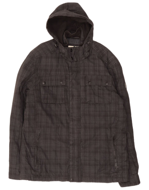 Tom Tailor Mens Hooded Utility Jacket UK 44 2XL Black Check Cotton