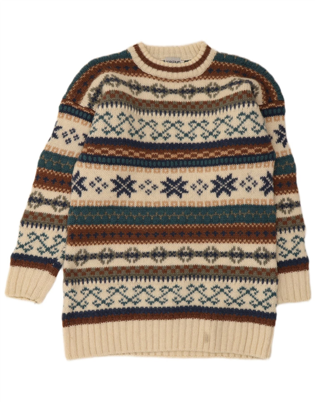 Maglione vintage da uomo girocollo in lana Fair Isle beige medio