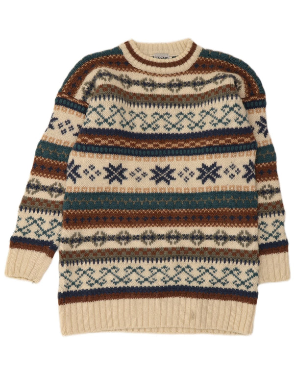 Maglione vintage da uomo girocollo in lana Fair Isle beige medio