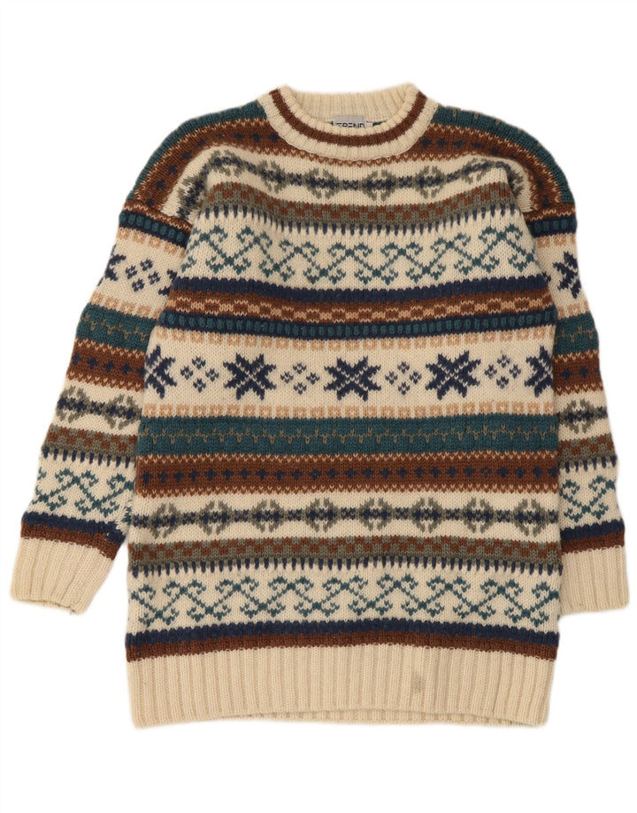 Maglione vintage da uomo girocollo in lana Fair Isle beige medio
