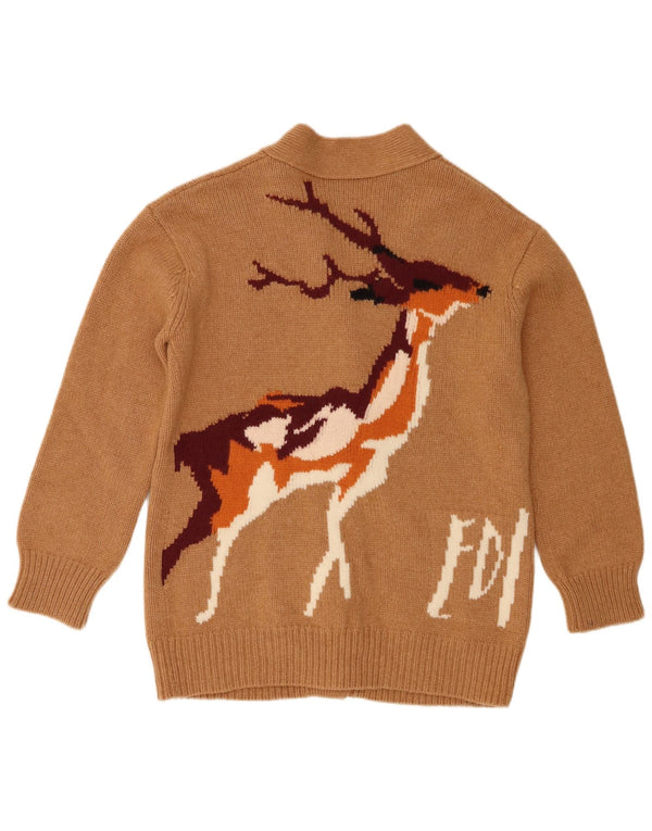 Maglione cardigan grafico da donna vintage UK 6 XS stampa animalier marrone