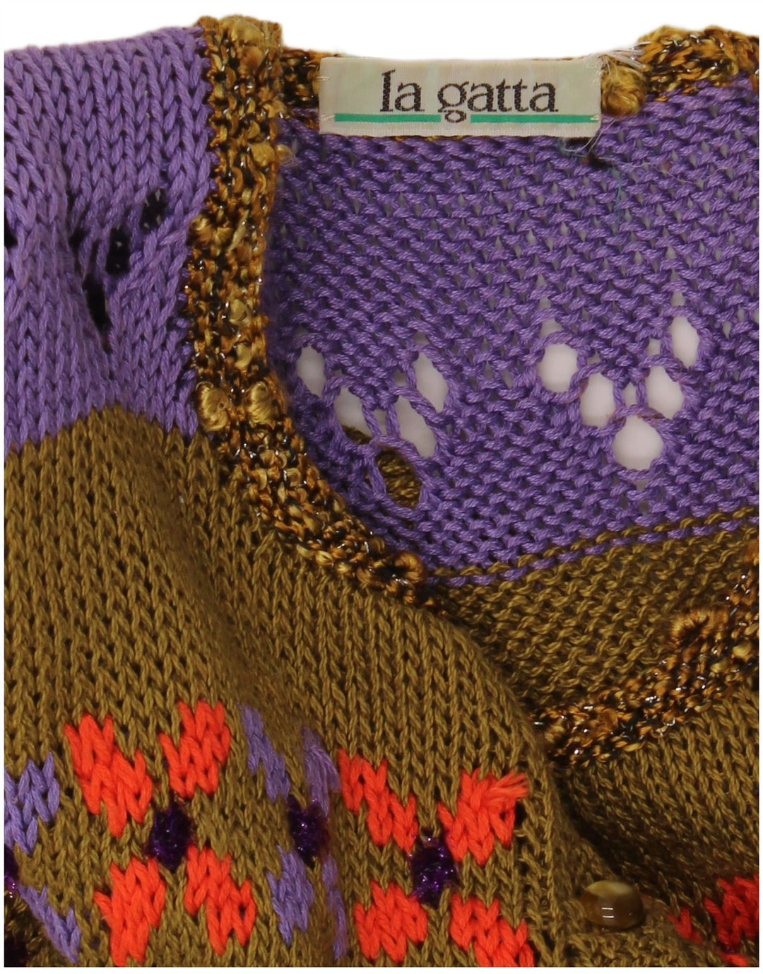 Maglione cardigan a maniche corte da donna vintage UK 14 Colorblock color kaki medio