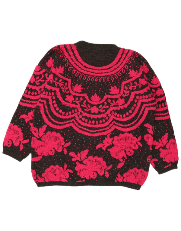 Vintage Womens Boat Neck Jumper Sweater UK 14 Large Black Floral Wool