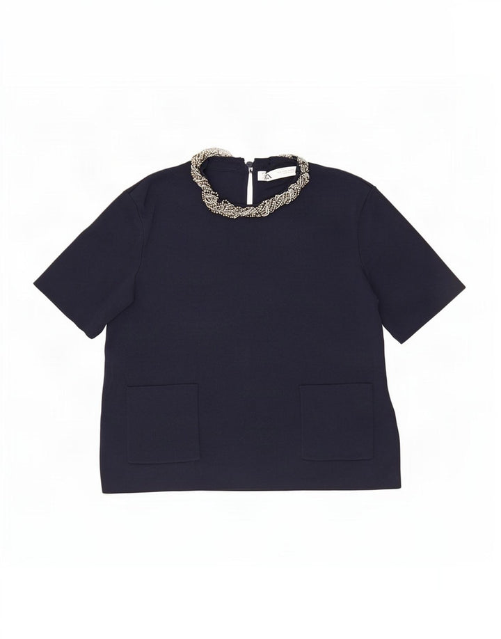 Top corto in camicetta corta da donna Zara UK 12 viscosa blu navy medio