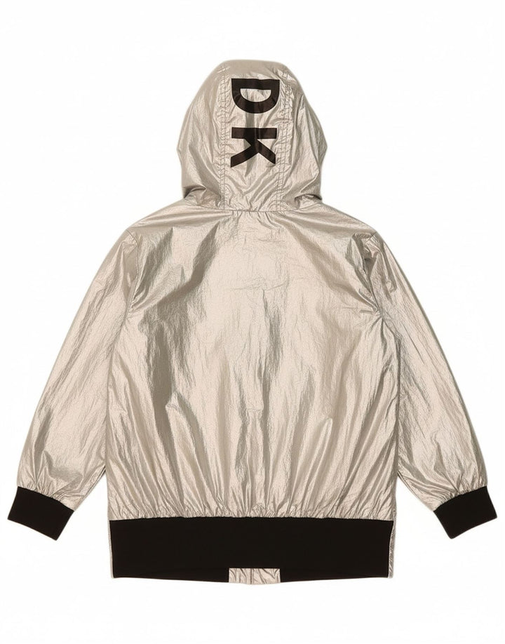 DKNY Girls Graphic Hooded Rain Jacket 5-6 Years Silver Colourblock