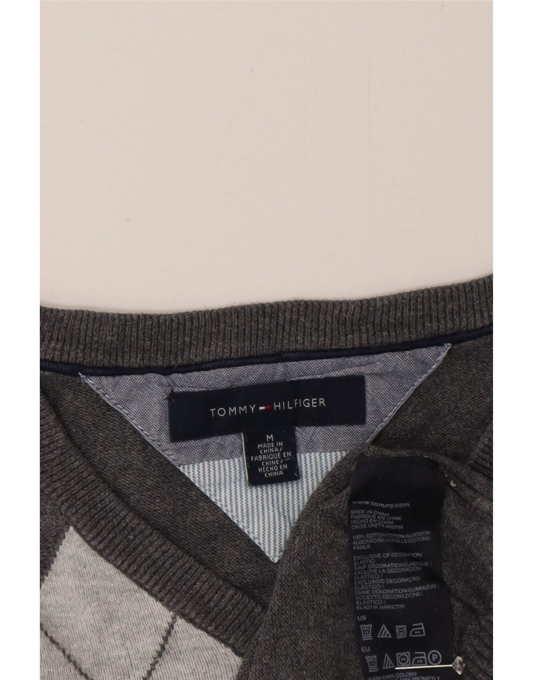 Tommy Hilfiger Uomo Maglione con scollo a V Maglione grigio medio a rombi/cotone diamante