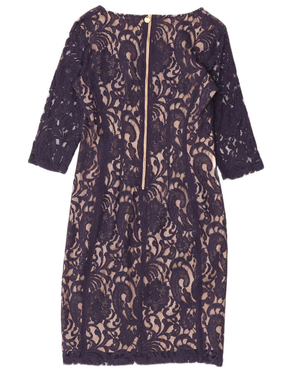 Abito tubino in pizzo vintage da donna con maniche a 3/4 UK 14 Grande motivo cachemire blu navy