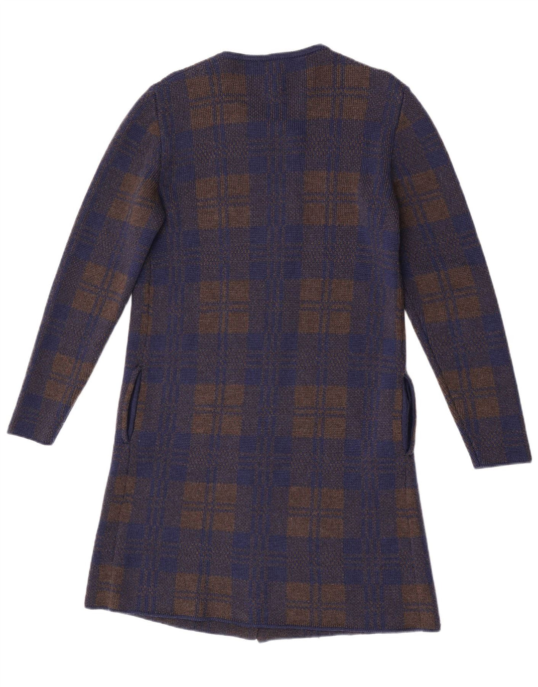 Maglione cardigan lungo da donna vintage UK 14 medio blu navy a quadri
