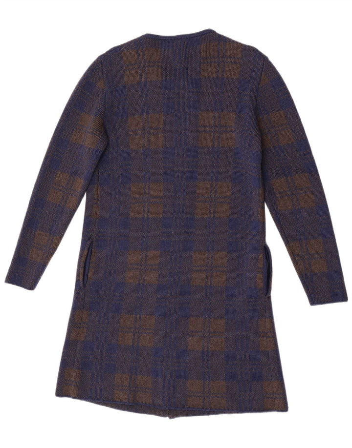 Maglione cardigan lungo da donna vintage UK 14 medio blu navy a quadri
