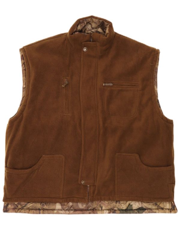 Gilet in pile reversibile da uomo vintage UK 46 3XL Poliestere mimetico marrone