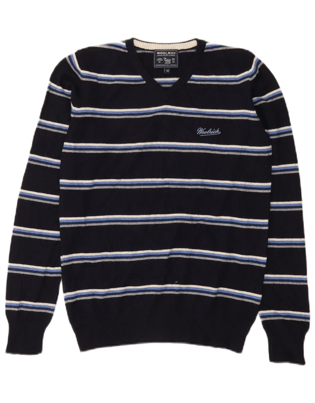 Maglione maglione con scollo a V per ragazzi Woolrich 11-12 anni in lana a righe blu navy