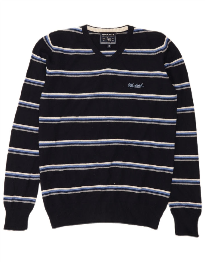 Maglione maglione con scollo a V per ragazzi Woolrich 11-12 anni in lana a righe blu navy