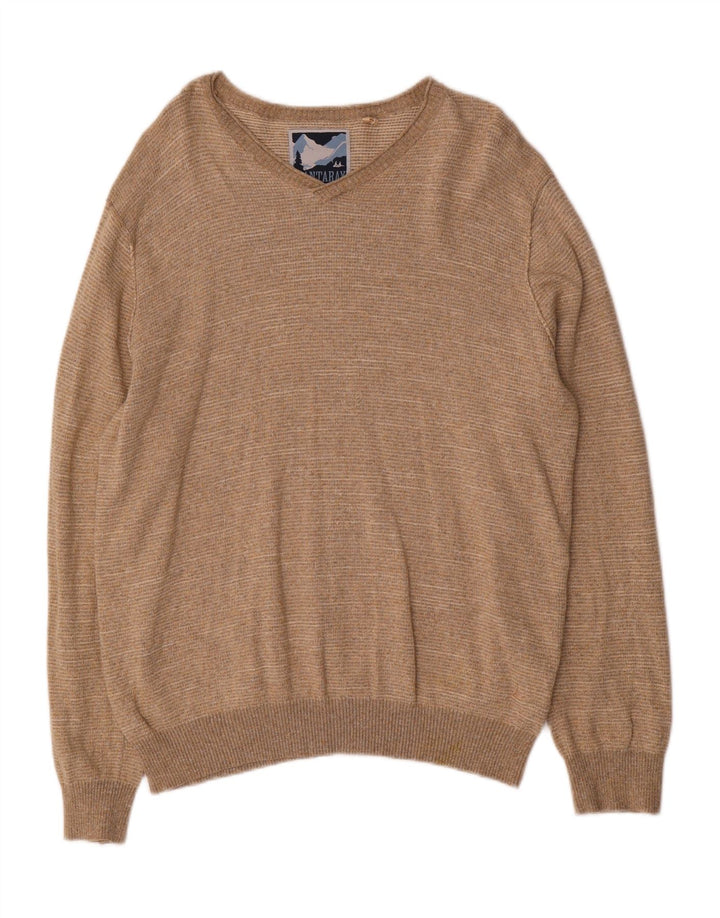 MANTARAY Mens V-Neck Jumper Sweater Large Beige Cotton
